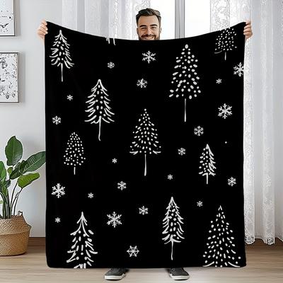 1 Stück Kuschelige Weihnachten Schneeflocken Bedruckte Überwurfdecke - Weicher Flanell Retro Schwarz-Weiß Schneeflocken- & Kiefernzweig-Design - Ganzjährig