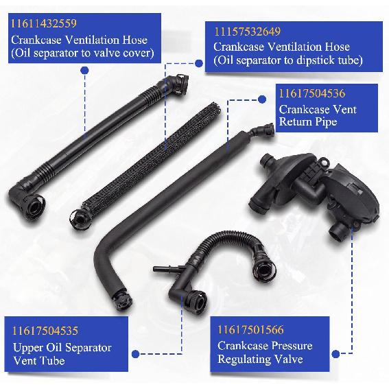 PCV Crankcase Vent Valve & Breather Hose Kit 5PCS for BMW E46 E39 E60 320i 323i 325 325i 325ci 328i 330i 330ci 330xi 525i 528i 11617501566
