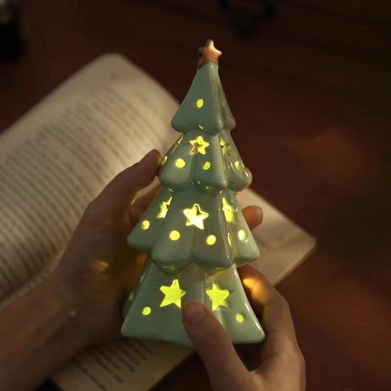 Christmas Cute Ceramic Star Christmas Tree Night Light Bedroom Desktop Decoration Ornament Atmosphere Light Birthday Gift