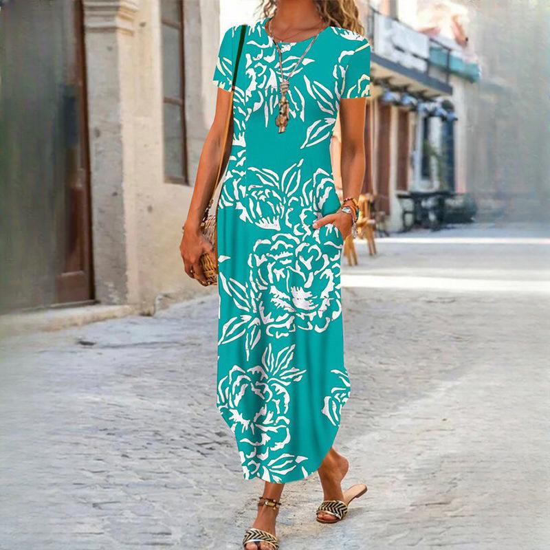 IHUASU Women's O Neck Plug Pocket Short Sleeve Trendy Printed Dresses