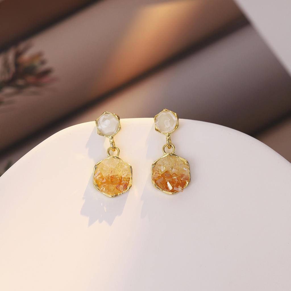 Silver needle Japanese and Korean orange gradual change hexagonal zircon earrings female, light luxury niche design sense autumn