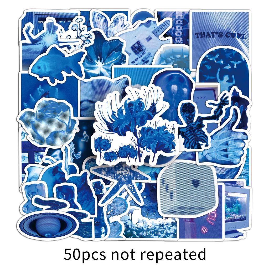 50 Sheets Low-Pixel Blue Creative Ins-Style Cross-Border DIY Stickers for Earphones, Phone Cases, and Scooters