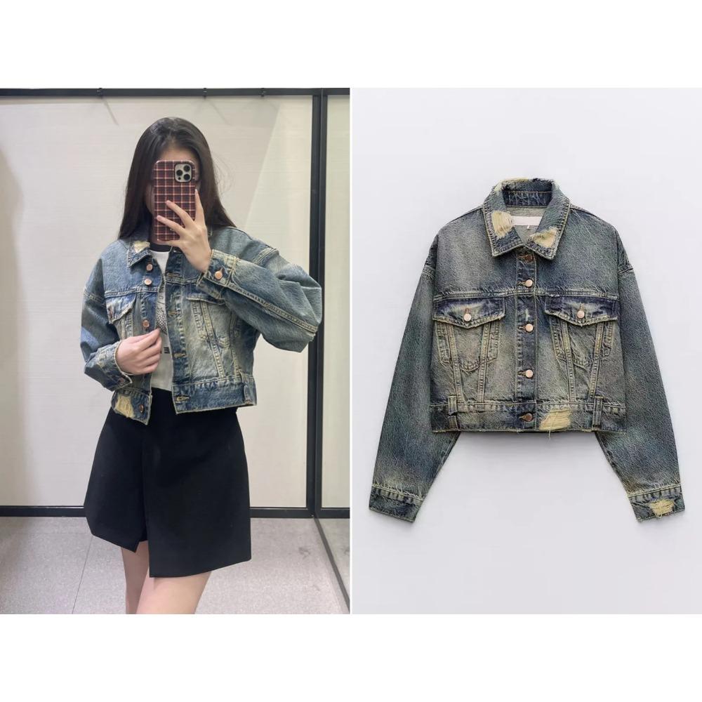 

Осенняя новая свободная джинсовая короткая куртка с дырочками, женская однобортная куртка в стиле ретро с лацканами + прямые джинсы со средней талией