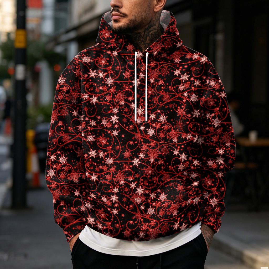 Men's Christmas Print Hoodie, Loose Fit Casual Sweatshirt with Large Pockets