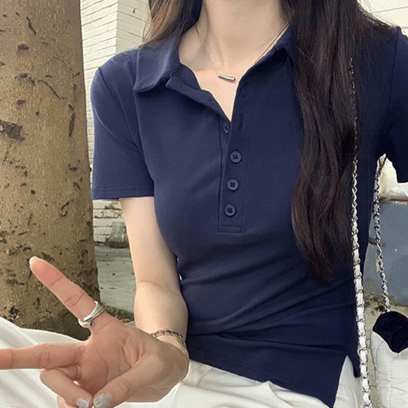 Women's Summer Slim Fit Polo Shirt - Short Sleeve, Button Collar, Straight Shoulder Design