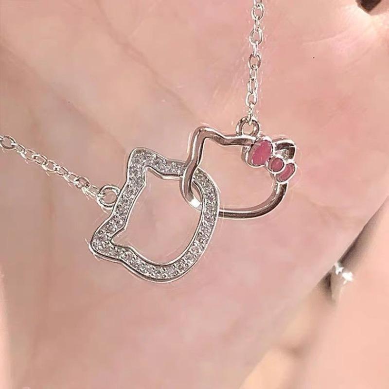 Flash Diamond Hellokitty Hello Kitty Necklace Cute Girl Senior Sense KT Cat Pearl Pendant Collarbone Chain