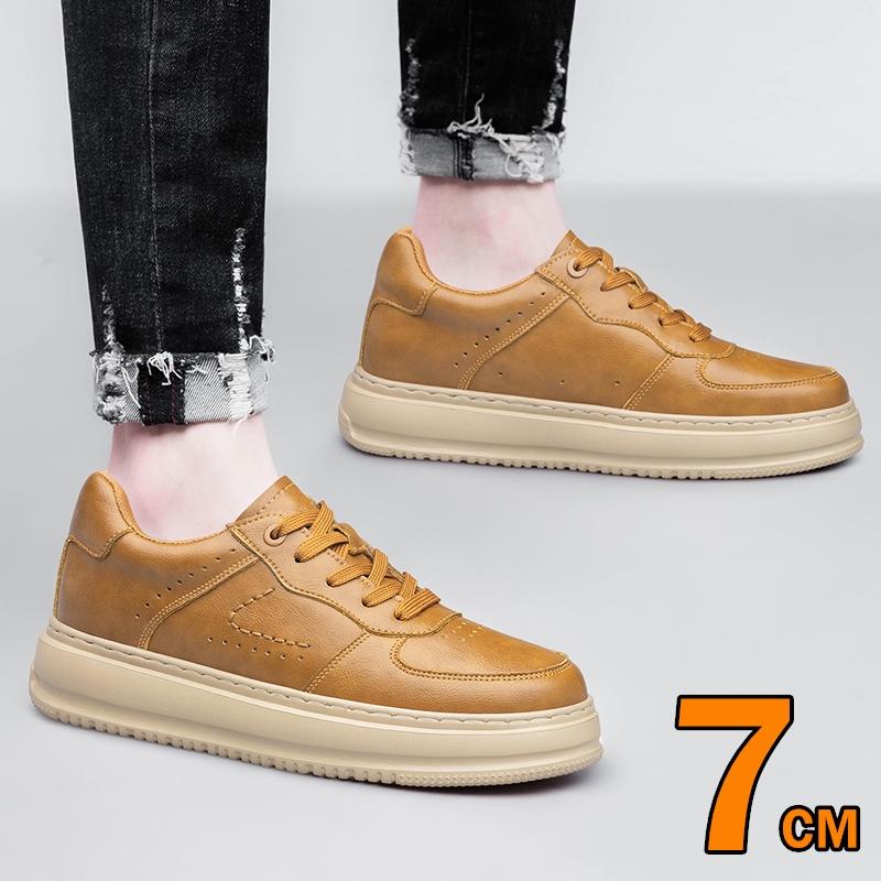 Men's Casual Leather Chunky Elevator Sneakers 7cm Height Increasing Shoes Breathable Comfortable Thick Soled Lift Sports