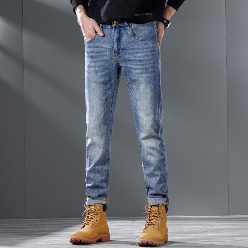 Summer Retro Washed Slim Fit Nine-point Jeans for Men Trendy Printed Versatile Korean Style Casual Stretch Skinny Pants