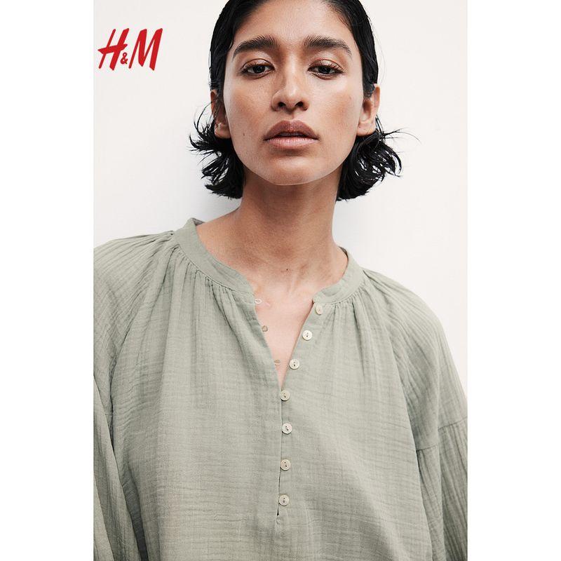 

HM Women clothes Shirts Summer Soft Chinese Stand Collar Loose Lantern Long sleeve Top 1257838 Light khaki green 155/80