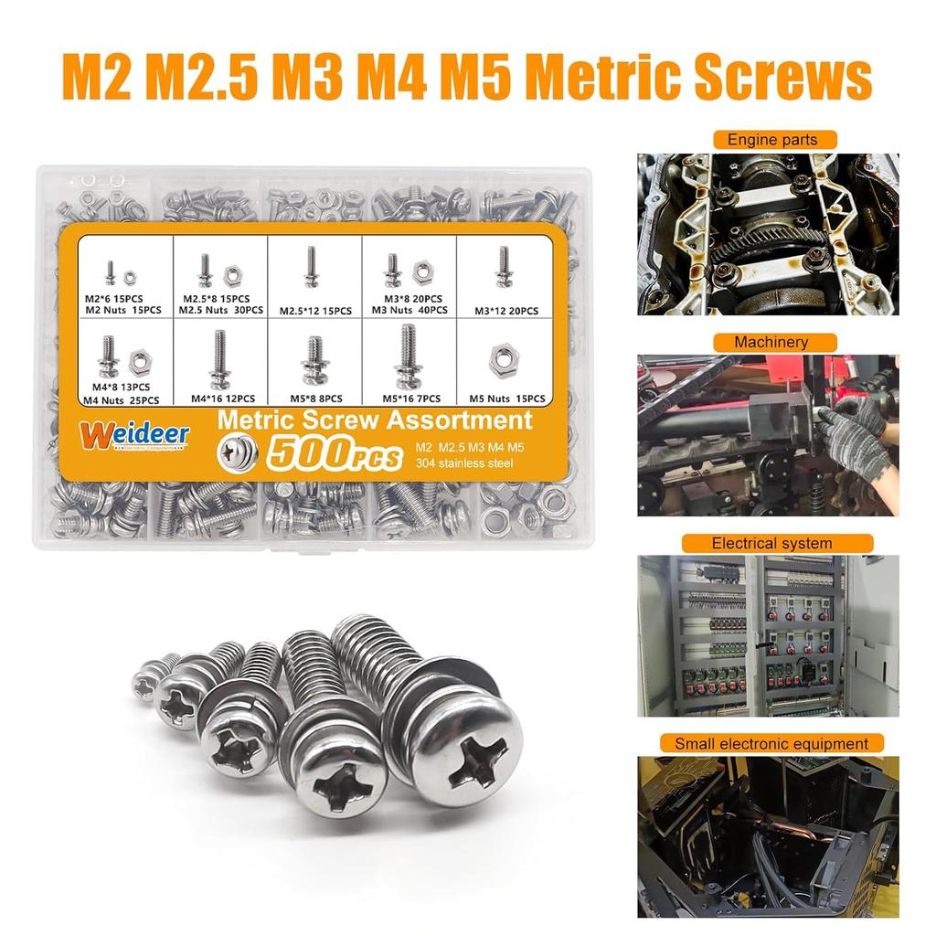 500Pcs Nut And Bolt Assortment Kitm2 M2.5 M3 M4 M5 Machine Screws 304 Stainless Steel Combination Screws For Electronicsmotorcyclediy Projects K-188