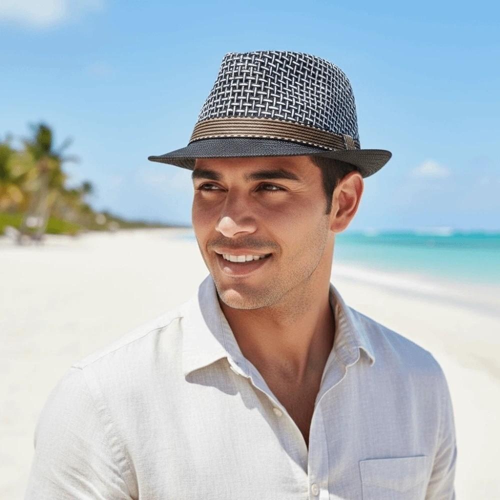 Kurzkrempe Geflochtener Strohhut Leichte Urlaubs-Strandkappe Sonnenschutzkappe Herren Panama-Hut Karneval