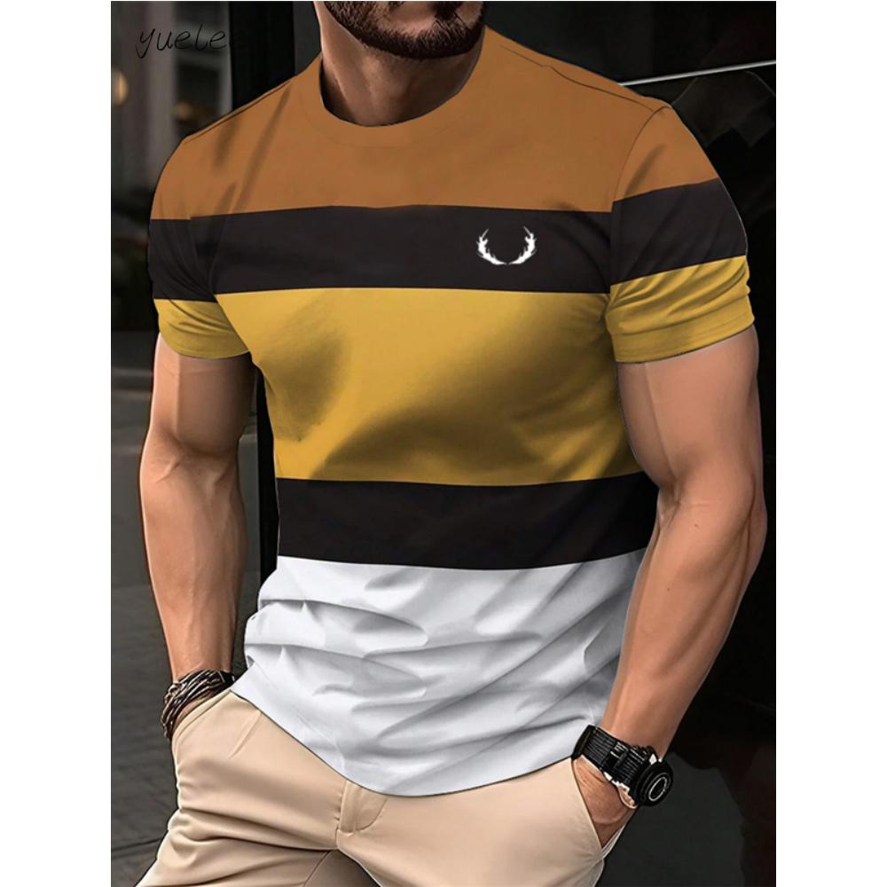 Fashion Striped Printed Men's T-Shirt Summer Breathable Men's Clothing Casual Loose Men Tops Versatile O-Neck Men Short Sleeved