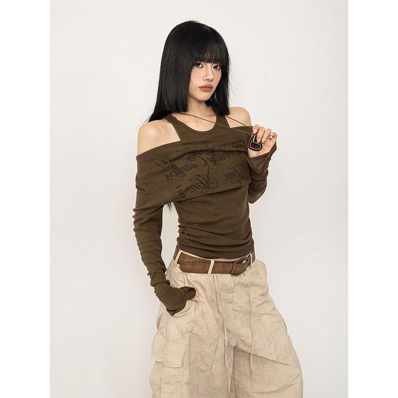 Damen Herbst Retro Ein-Schulter Slim Fit Langarm Oberteil