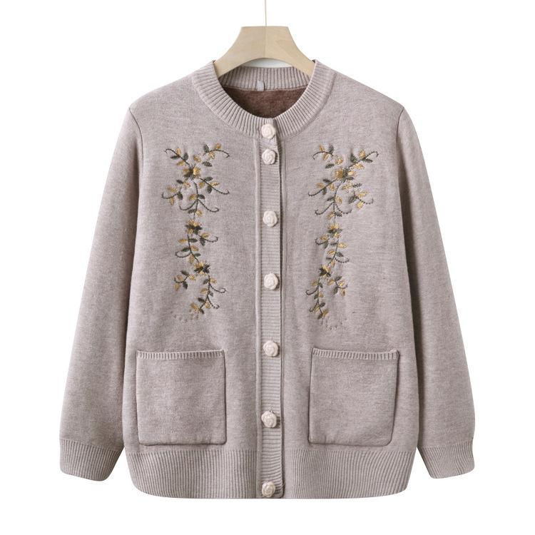 Middle-aged and Elderly People In Autumn Plus Velvet Thick Knitted Sweater Mother Coat Grandma Cardigan Sweater Winter Clothes Old Lady Clothes