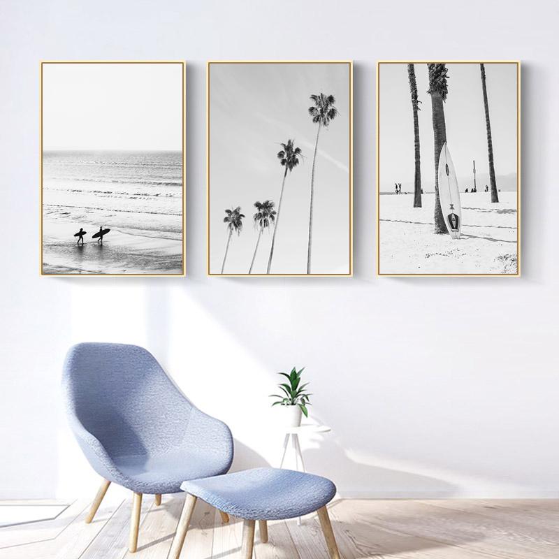 Black and White Style Wall Art Beach Surfing Poster Palm Canvas Painting Modern Pictures Decor for Living Room Home Decoration