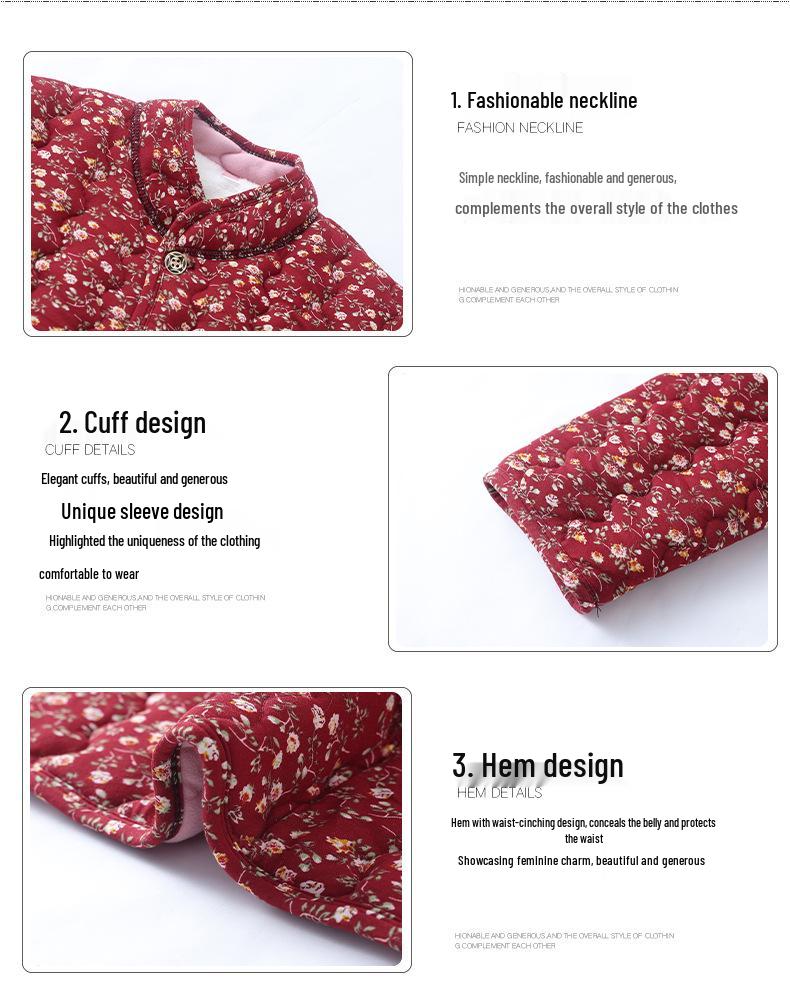Mom's Floral Plush Winter Jacket - Thickened Cotton, Lightweight for Mid-Aged & Elderly