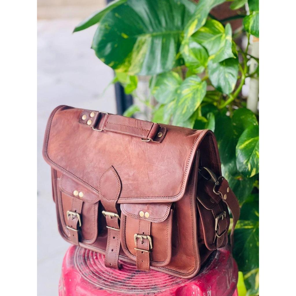 Pro Leather Laptop Bag Men's Vintage Messenger Genuine Briefcase Brown Satchel