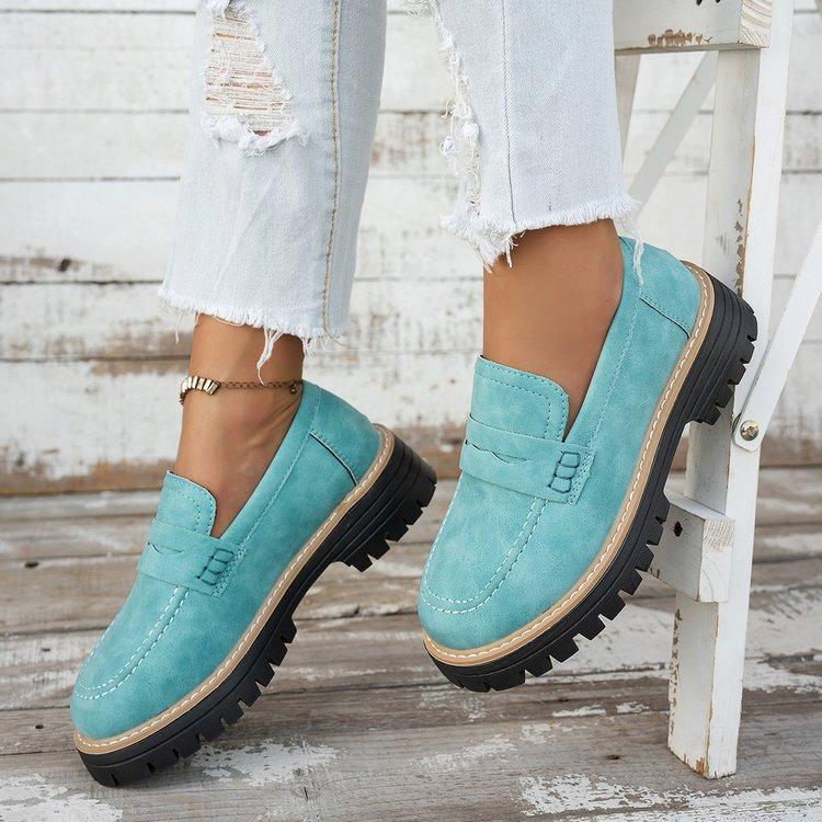 

Женские весенне-осенние новые туфли на плоской подошве в британском стиле, удобные туфли-лоферы на низком каблуке, без застежки, женские однотонные туфли-лоферы на платформе 43