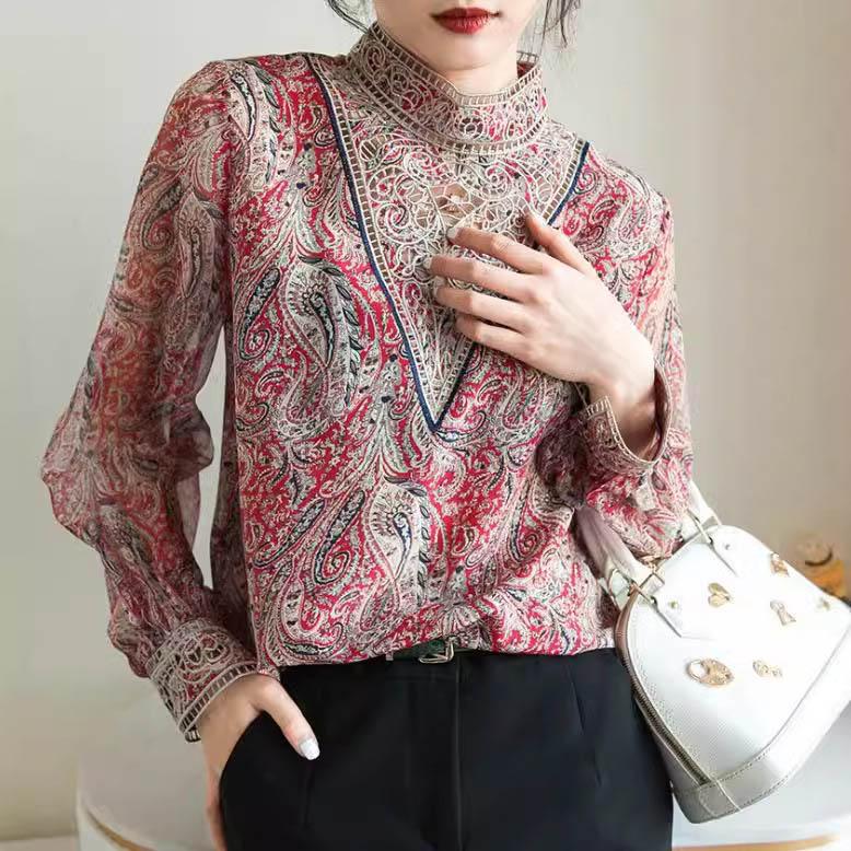 Women Blouse Chiffon Shirt Women's Long-Sleeved Spring Printed Lace Shirt Top
