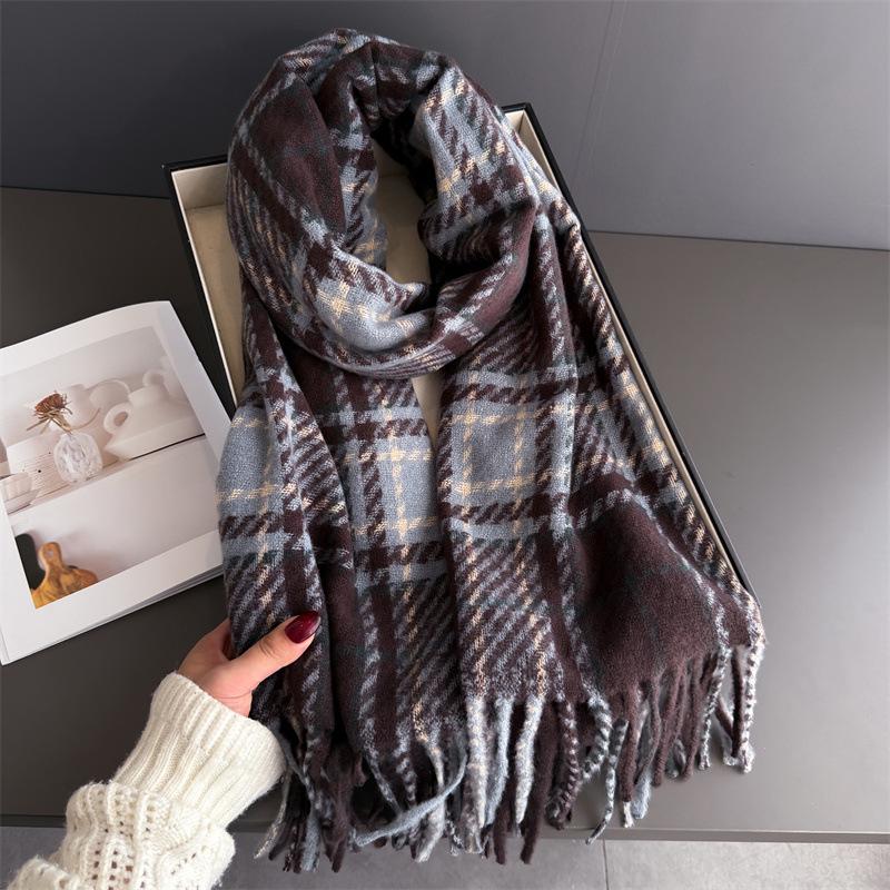 Plaid Atmosphere Autumn And Winter Warm Scarf Women'S Shawl Versatile Commuter Circle Yarn Fringed Imitation Cashmere Scarf