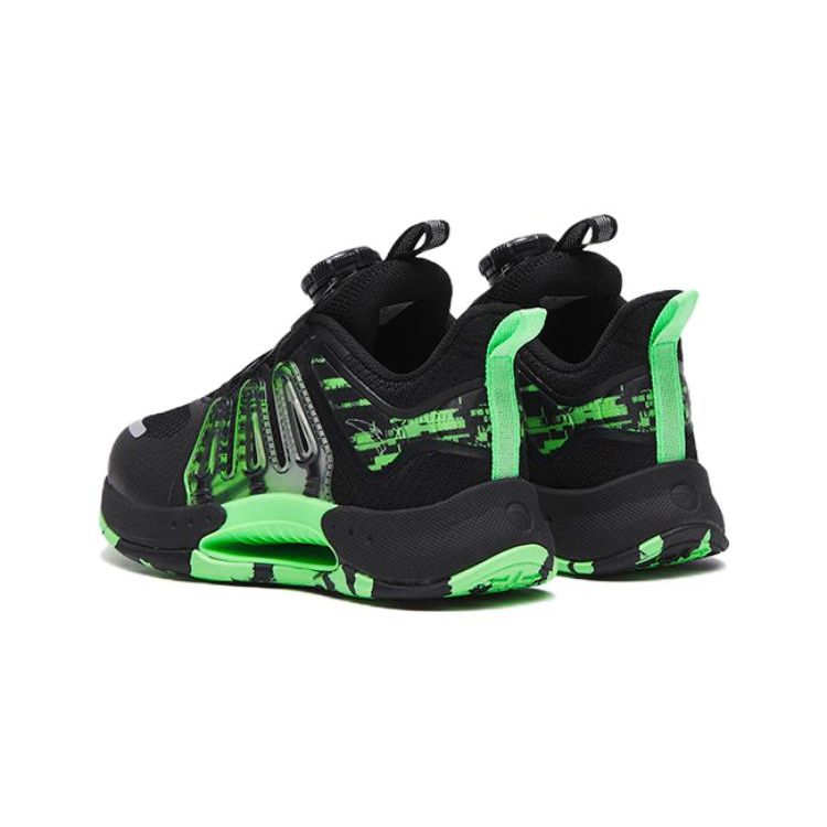 Anta Qingkuang Shock Absorbing Wear Resistant Mid Top Basketball Shoes Kids Sneakers Black Green 312319910-3