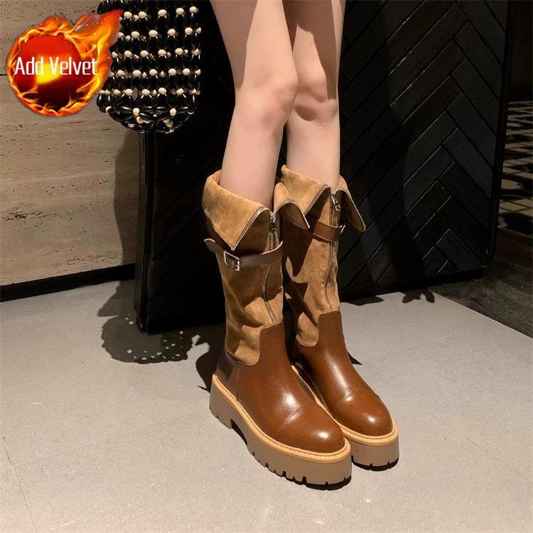 Fashion Black Belt Buckle Platform Knee High Shaft Shoes Woman Comfortable and Elegant Footwear New in Demi-season Long Boots for Women