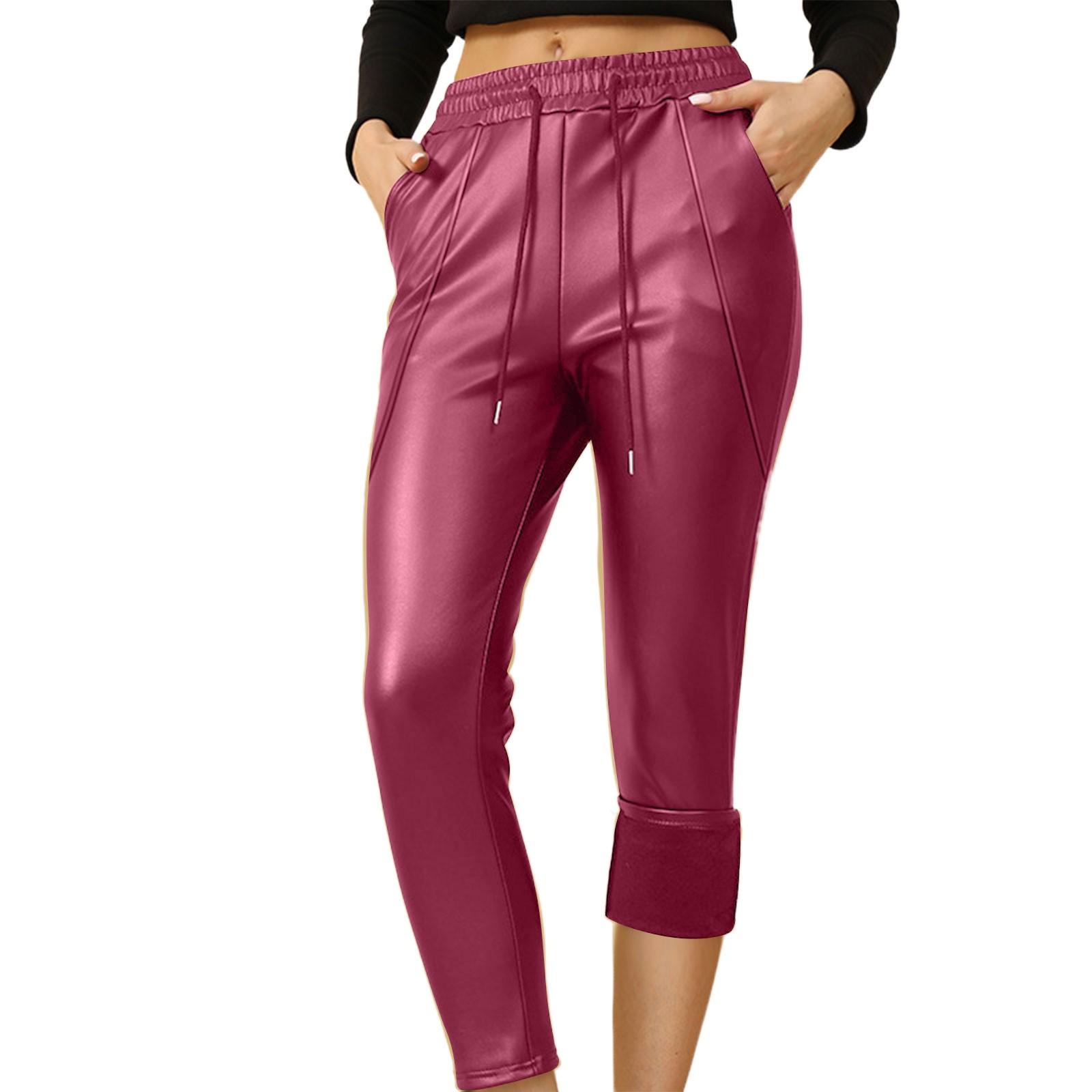 

Женские повседневные кожаные брюки свободного кроя с высокой талией и флисом, повседневные брюки с маленькой ногой XL красный