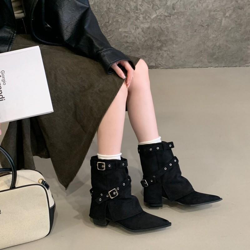 Korean Version of Belt Buckle, Willow Nails, Thick Heels, Trousers, Short Boots, Women's Autumn and Winter Models, Trendy and Cool Niche Design Trouse