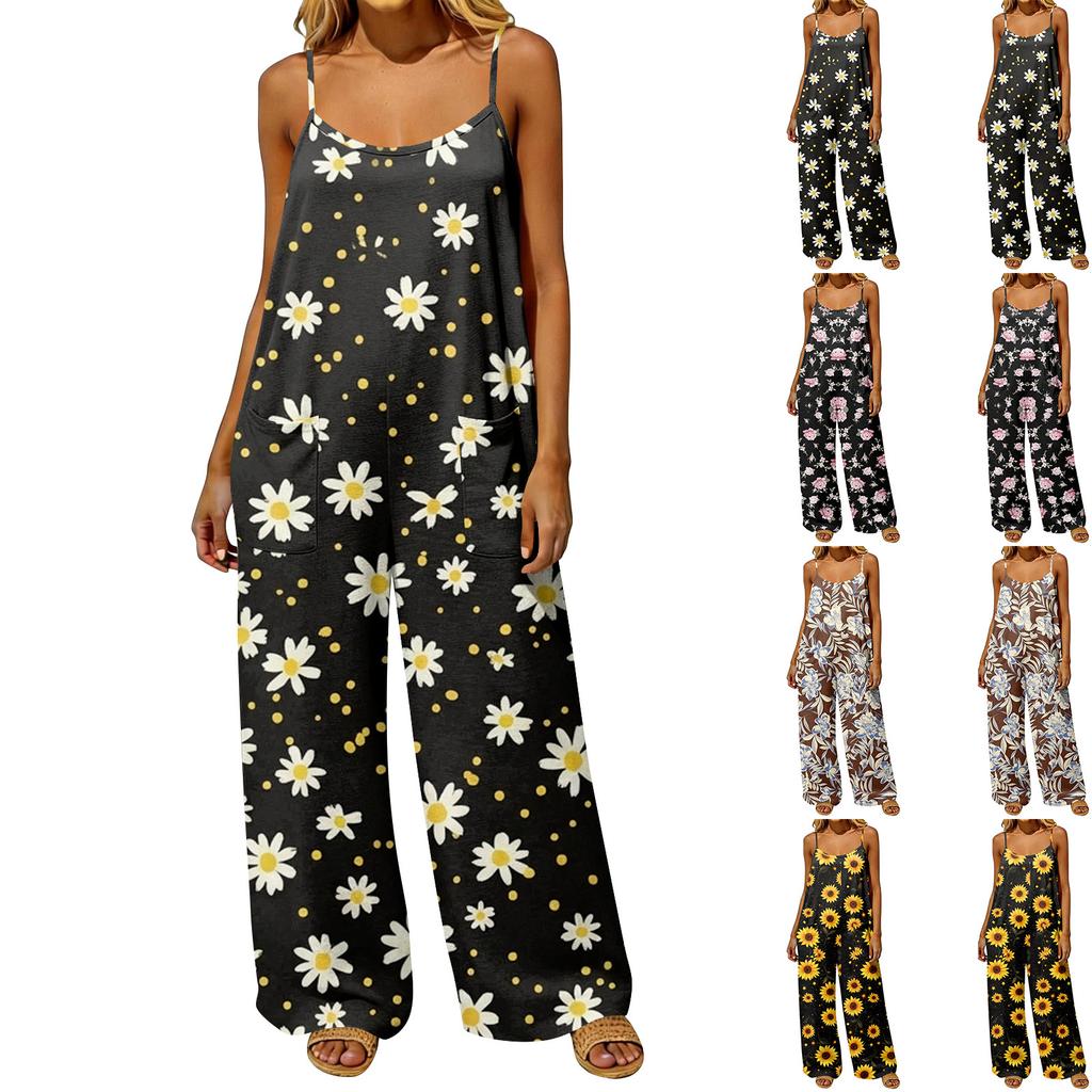 Casual Loose Fit Retro Style Women's Jumpsuit Suspender Pocketed Backless Romper Wide Leg Cotton Blend Fabric Comfortable