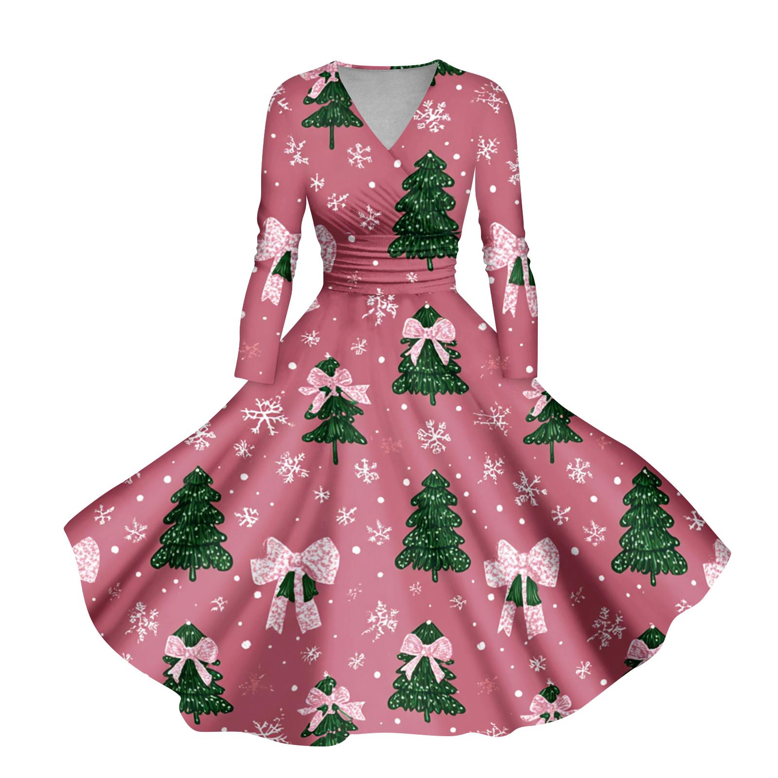 

Женское повседневное и модное платье с принтом рождественской елки, длинным рукавом, V-образным вырезом, сексуальное, с карманом XL