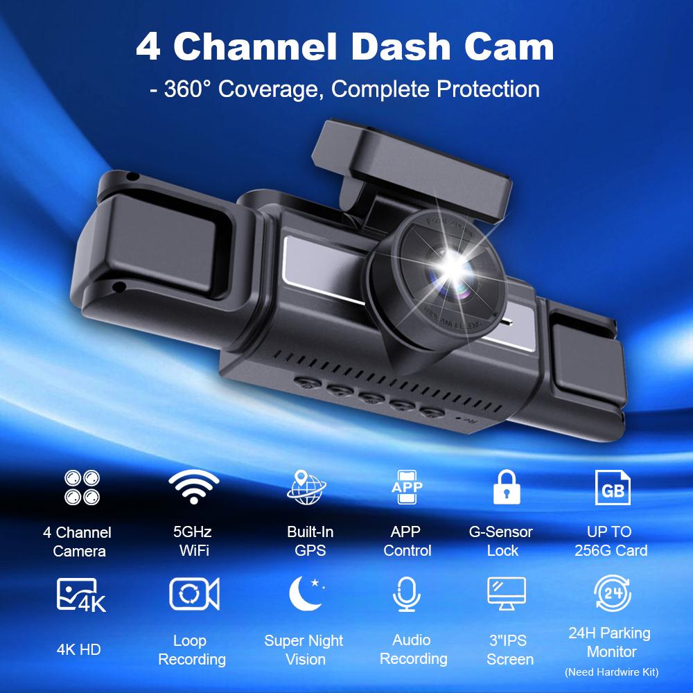 BEPOCAM Dash Cam 4K 4 Channel Front and Rear Inside 360° Car Camera for Cars Built-in WiFi GPS WDR Night Vision 24H Parking Mode