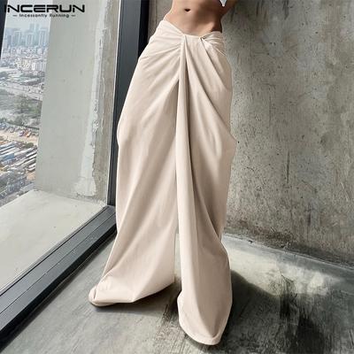 Men Zipper Waist Long Pants Casual Twisted Wide Leg Trousers