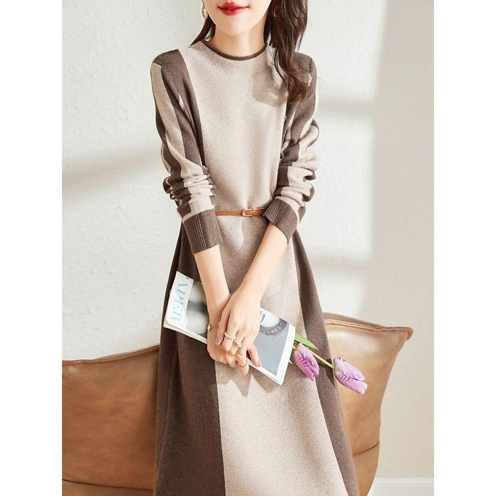 Rochie Tricotată Casual pentru Femei Rochie Pulover Largă de Lungime Medie cu Talie Marcată Toamnă și Iarnă