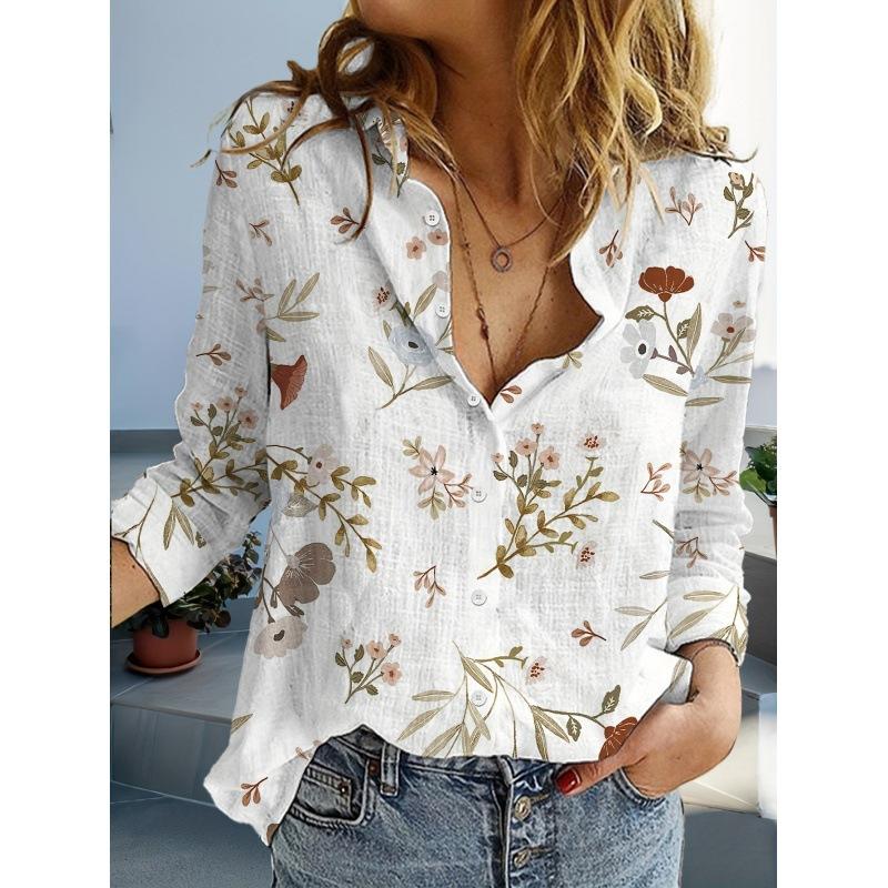 European and American 1D Digital Printing Stand-up Collar Long-sleeved Shirt Women's Loose Hawaiian Style Vacation Casual Top Trend