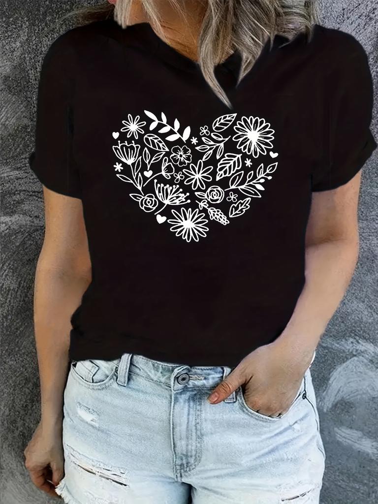 Floral Heart Print T-shirt, Short Sleeve Crew Neck Casual Top for Summer & Spring, Women's Clothing