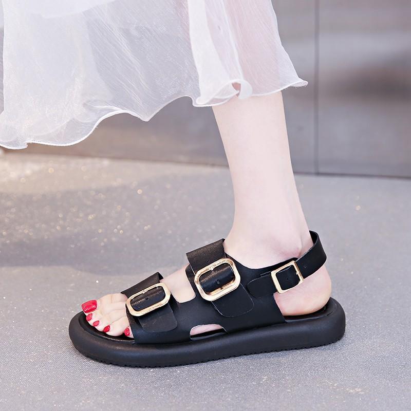 New thick-soled double-buckle sandals, retro belt buckle sandals, fashionable flat-heeled Roman beach women's shoes