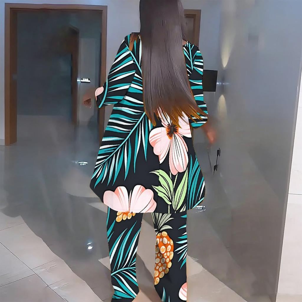 Women Plus Size Two Piece Printed Outfit Irregular Hem Round Neck Three Quarter Sleeve Top Wide Leg Trousers