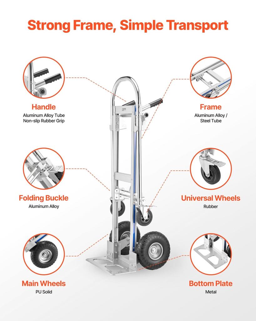 2 in 1 Hand Truck, 453.6 kg Load Capacity for 4-Wheel Mode, Convertible Hand Truck Dolly with Non-Slip Handle & Wheels, Portable Trolley Dolly for