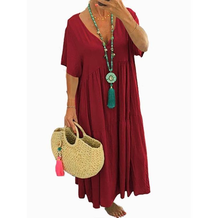 Solid Color V Neck Casual Long Dress Women Simple Style Cotton Baggy 1Pc