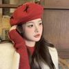 Red Bow Beret Female Autumn And Winter Retro Versatile Temperament Painter Hat Showing Face Small Octagonal Hat