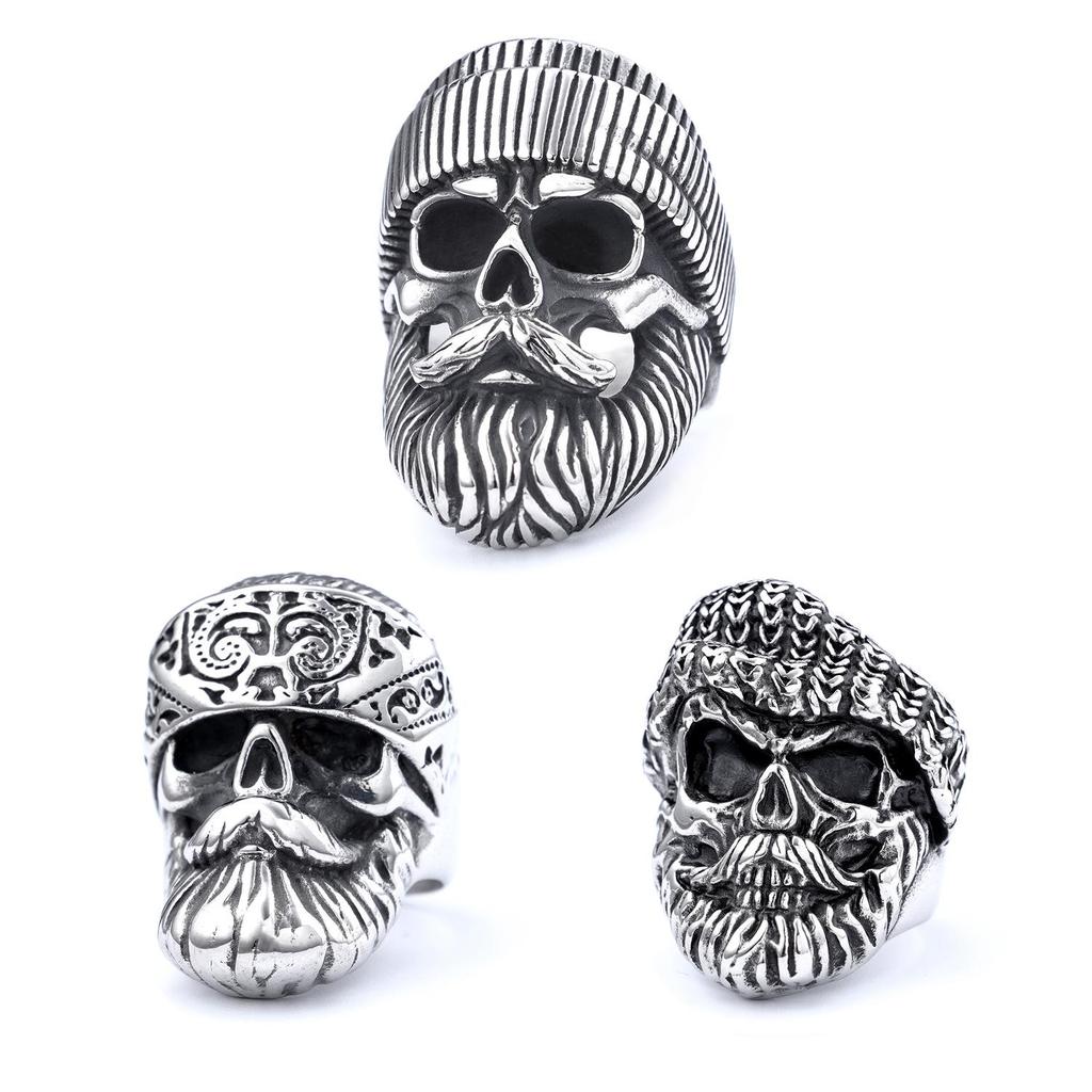 European-American Retro Stainless Steel Beard Skull Ring - Punk Festival Gift, Hip Hop Accessory