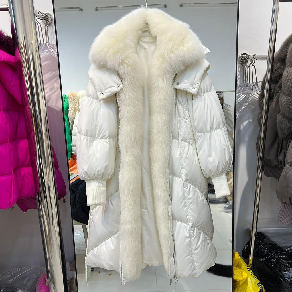 Winter new real fox fur fur collar white duck down jacket women's long coat loose thickened damp