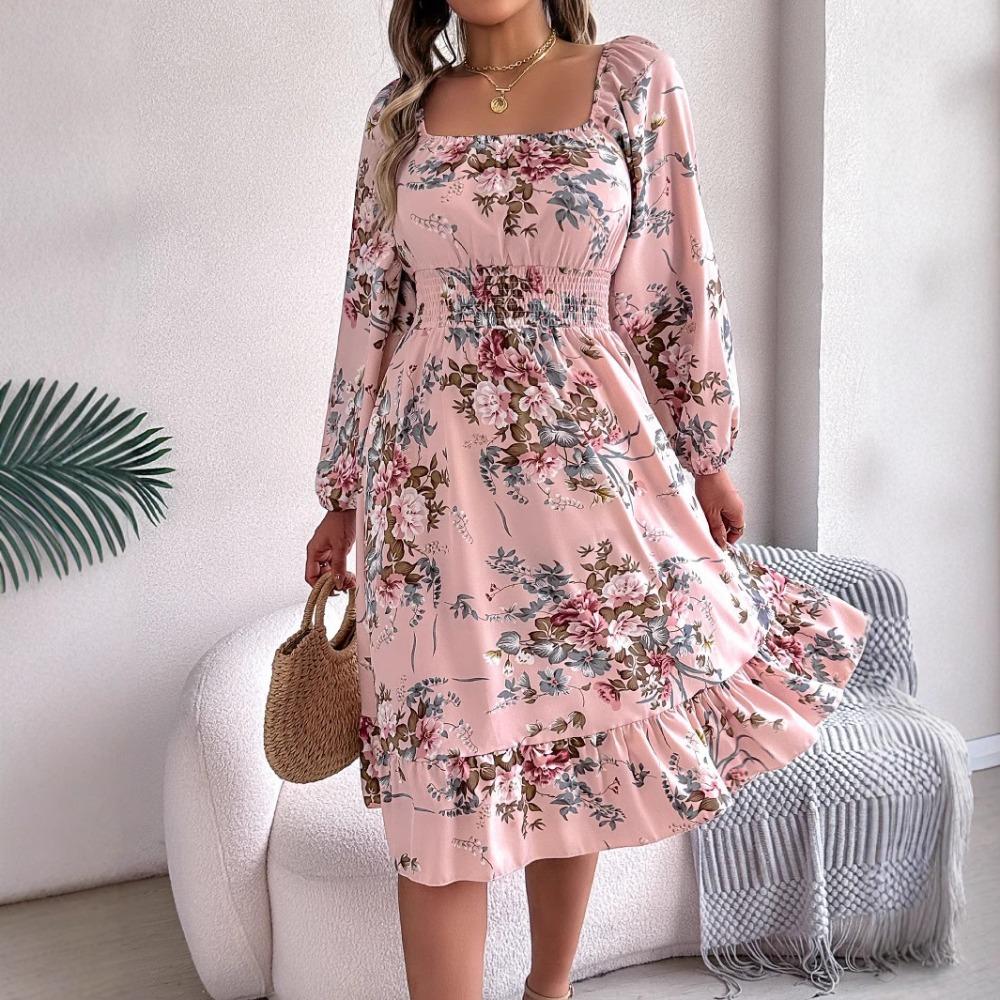 

Весенние и летние элегантные платья с цветочным принтом, квадратным вырезом, длинными рукавами, приталенные, с оборками, А-силуэта для женщин XL розовый