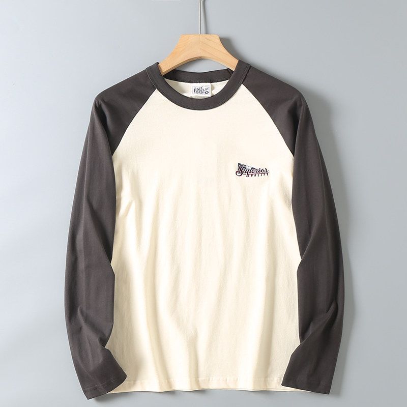 Vintage Patchwork Color-Blocking Pure Cotton T-Shirt for Men, Autumn Season, Letter Embroidery, Casual Base Shirt, Trendy