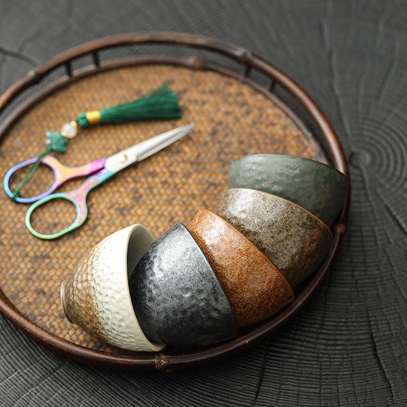 Handmade Jianzhan Coarse Pottery Teacup Set with Hammered Pattern - Retro Ceramic Kung Fu Tea Cup & Coaster