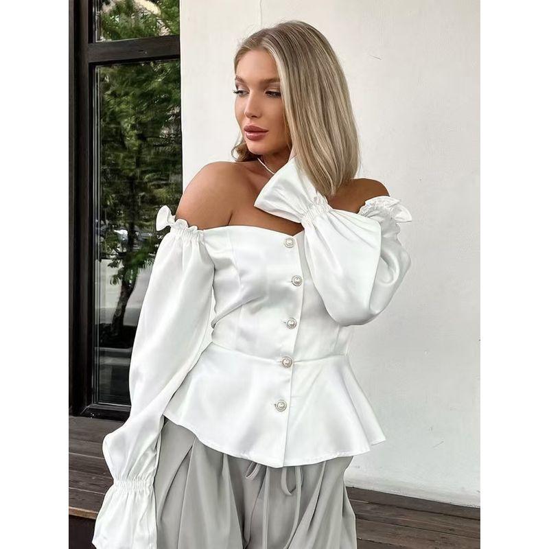 New Arrival French Style Satin Fashion Sexy off-Shoulder off-Shoulder Shirt Sexy off Shoulder Shirt