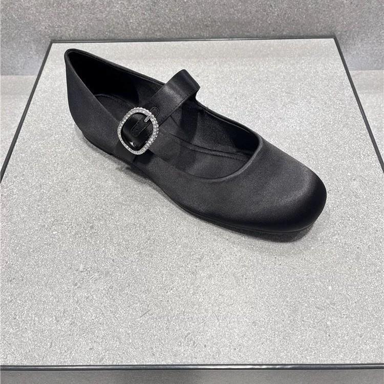 Leather Satin Rhinestone One-word Buckle with Round Head Mary Jane Single Shoes Women's 2025 New Spring Ballet Flats