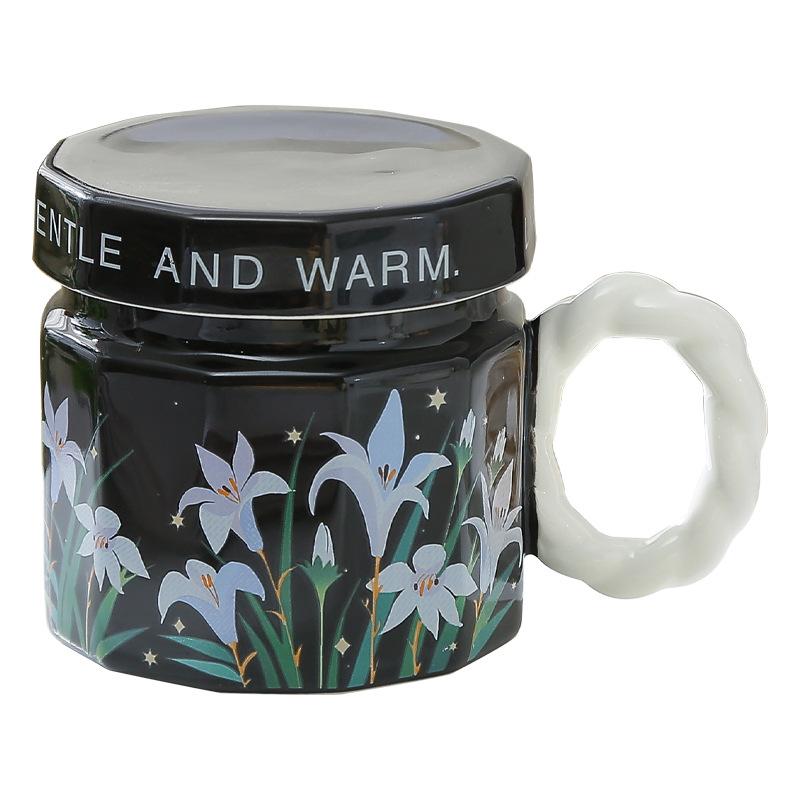 Flower Ceramic Mug with Lid High Value Water Cup Home Coffee Cup Office Birthday Gift Female Souvenir