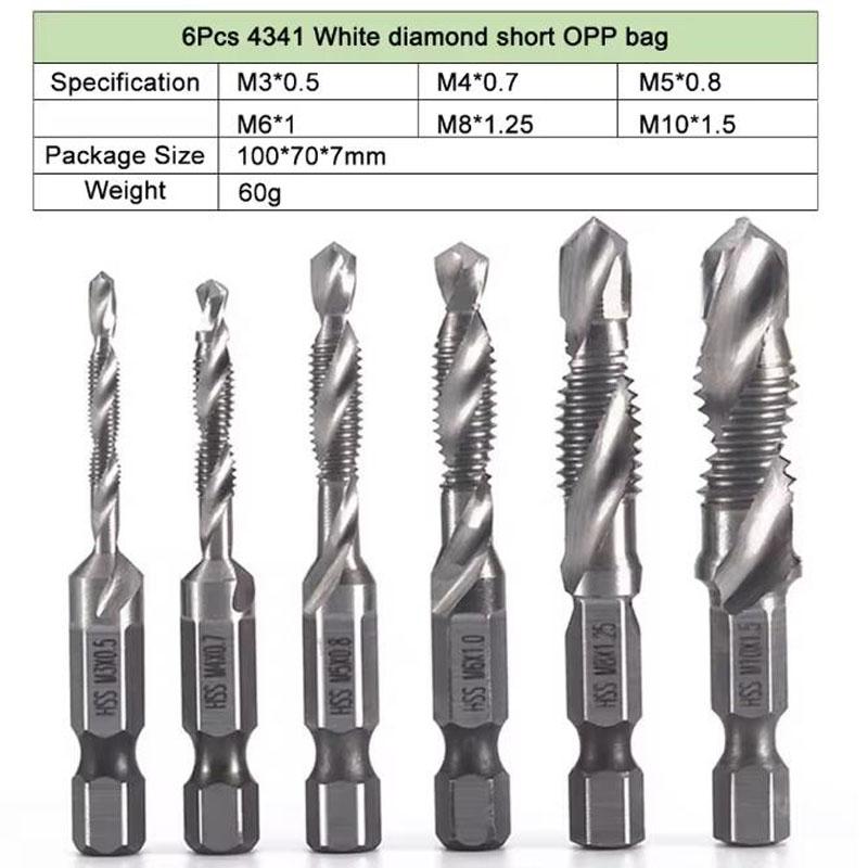 6pcs M3-M10 Screw Tap Drill Bits Hss Taps Countersink Deburr Set Metric Combination Bit High Speed Steel 1/4 IN Quick Change Hex
