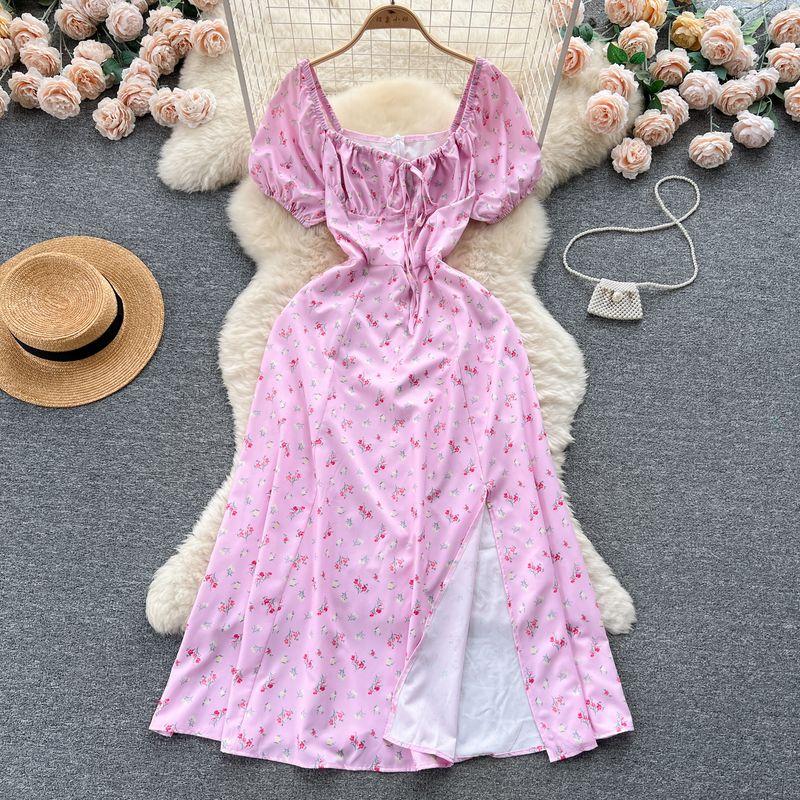 Puff Sleeves Summer Slimming Mori Style Split Dress